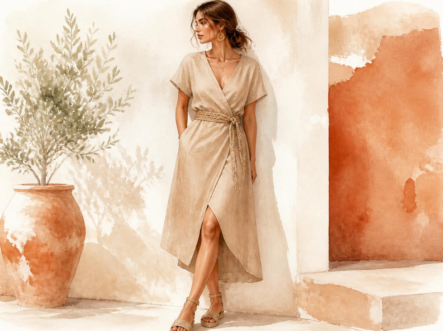 Watercolor illustration of a woman wearing a beige linen wrap dress with a woven belt and strappy sandals
