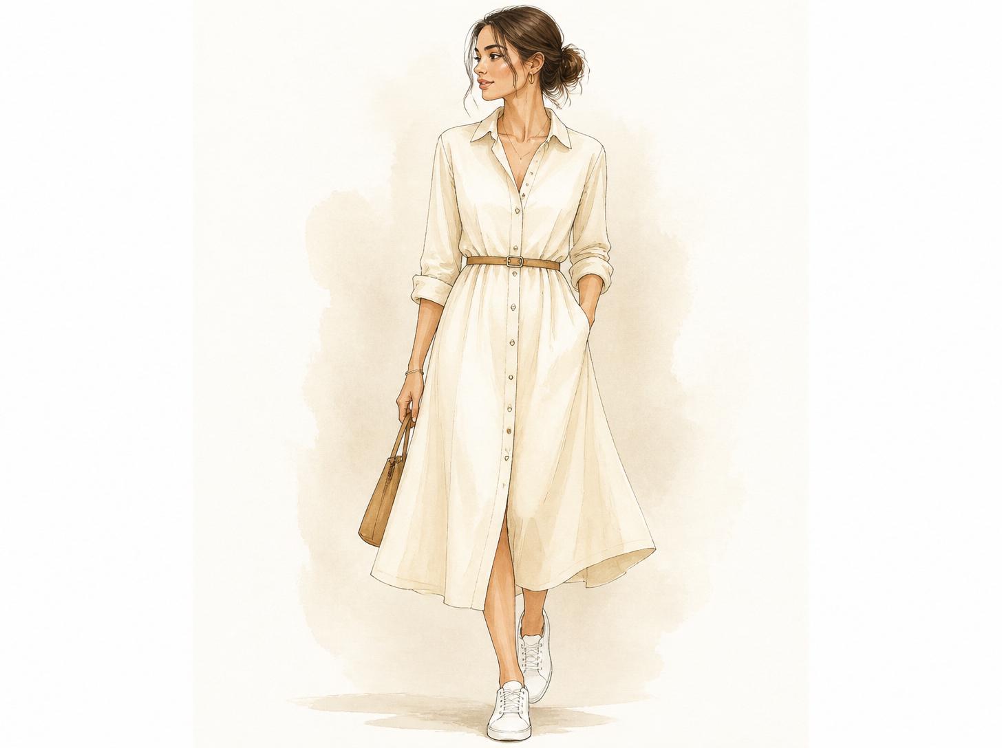 Watercolor illustration of a woman wearing a classic cream shirt dress with rolled sleeves, a thin belt, and white sneakers