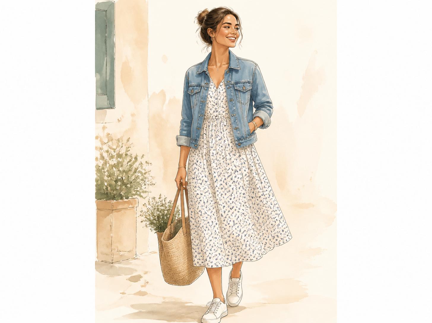 Watercolor illustration of a woman wearing a cotton poplin floral midi dress with a denim jacket and white sneakers