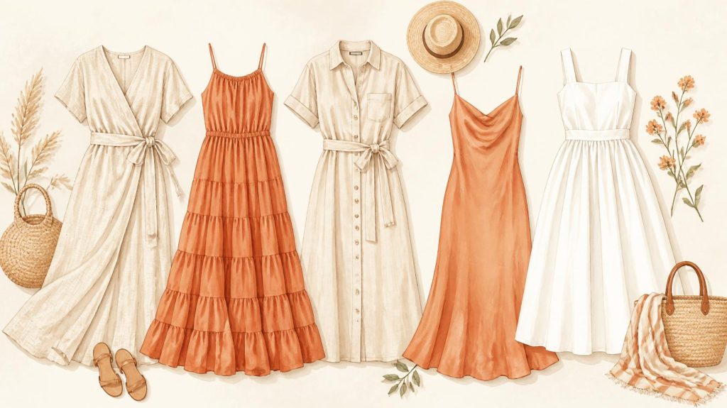 Illustration of five budget-friendly summer dress styles: linen wrap dress, tiered maxi dress, shirt dress, slip dress, and poplin midi dress