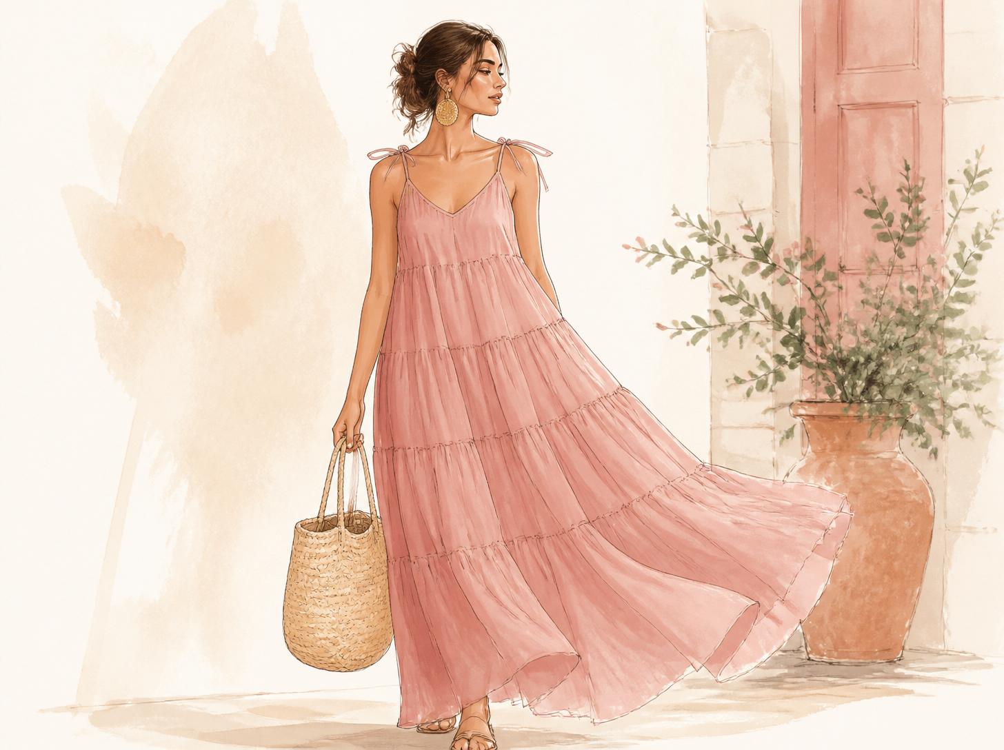 Watercolor illustration of a woman wearing a flowing tiered maxi dress in dusty rose, carrying a straw bag