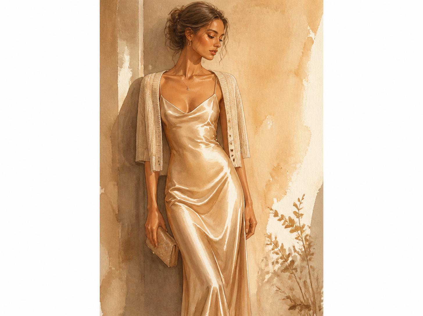Watercolor illustration of a woman wearing a champagne satin slip dress with a cream cardigan draped over her shoulders