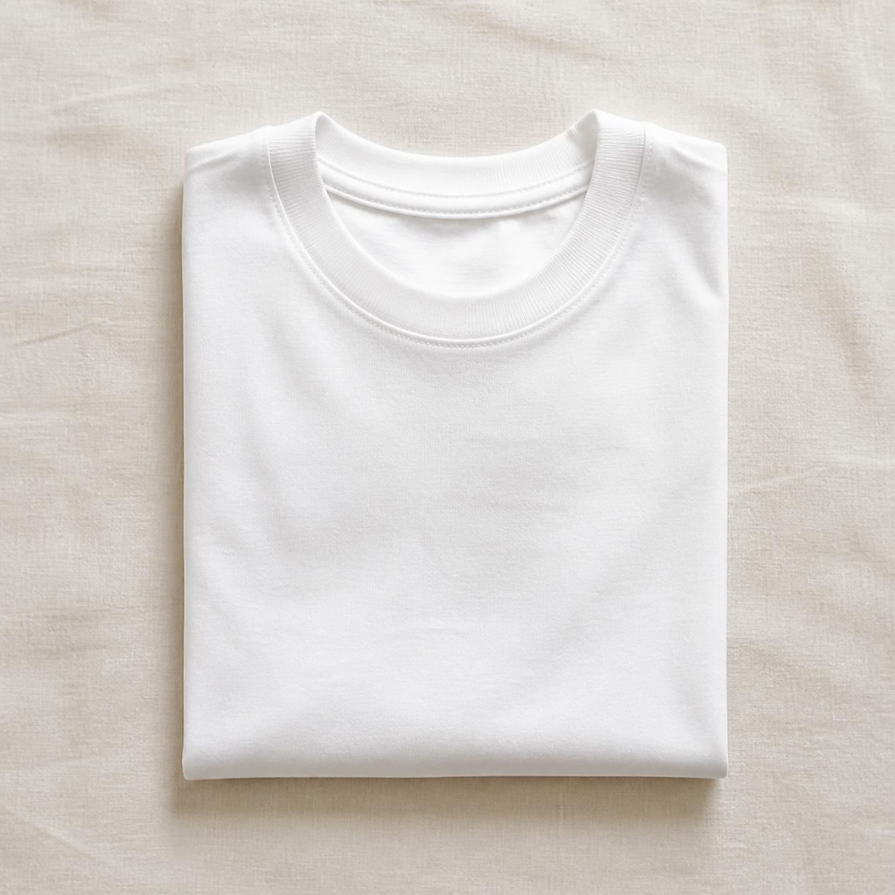 White T-shirt, neatly folded flat on a cream linen surface