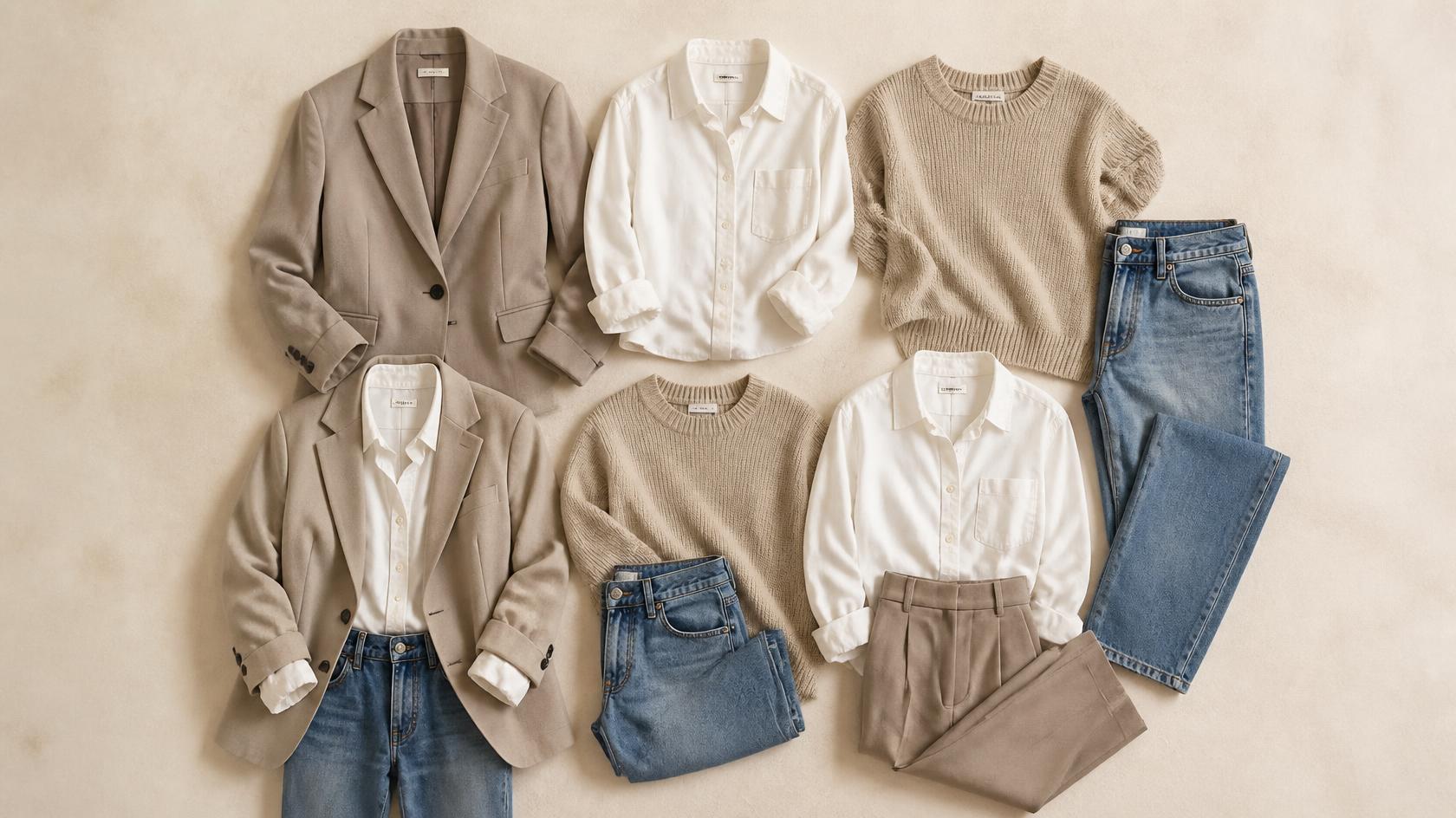 Flat lay of a blazer, shirt, knit and jeans arranged in overlapping groups