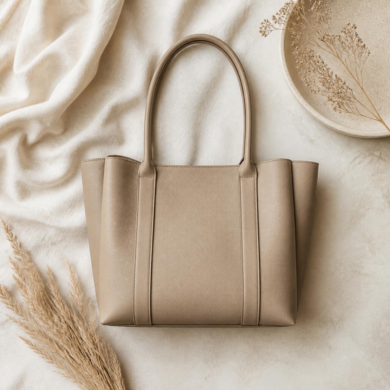 Structured taupe tote bag with a dried flower sprig