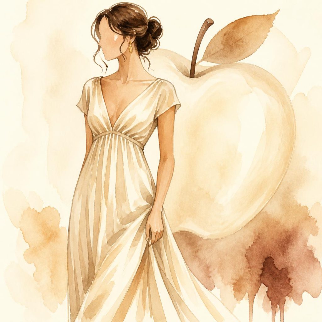 Illustration of an apple body shape silhouette: a woman in an empire-waist V-neck dress with a soft translucent apple silhouette glowing behind her