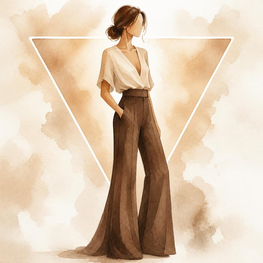 Illustration of an inverted triangle body shape silhouette: a woman in a soft V-neck top and wide-leg trousers with a soft translucent inverted-triangle silhouette glowing behind her