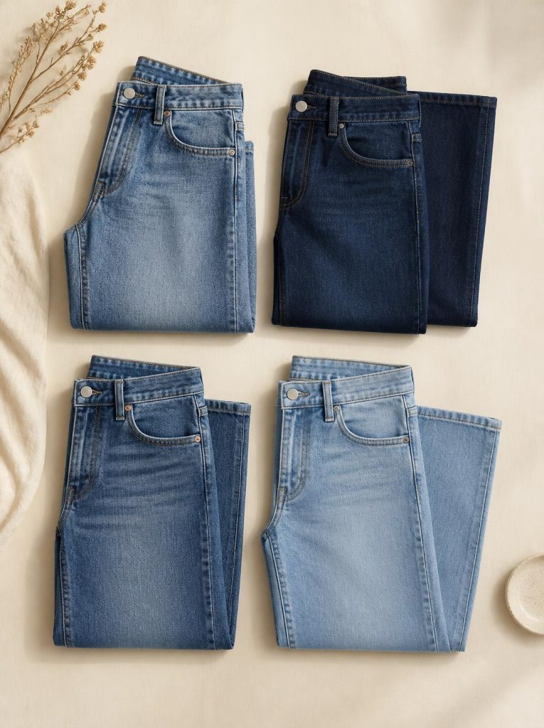 Overhead flatlay photo of four folded denim styles: barrel leg, wide leg, straight leg, and bootcut jeans