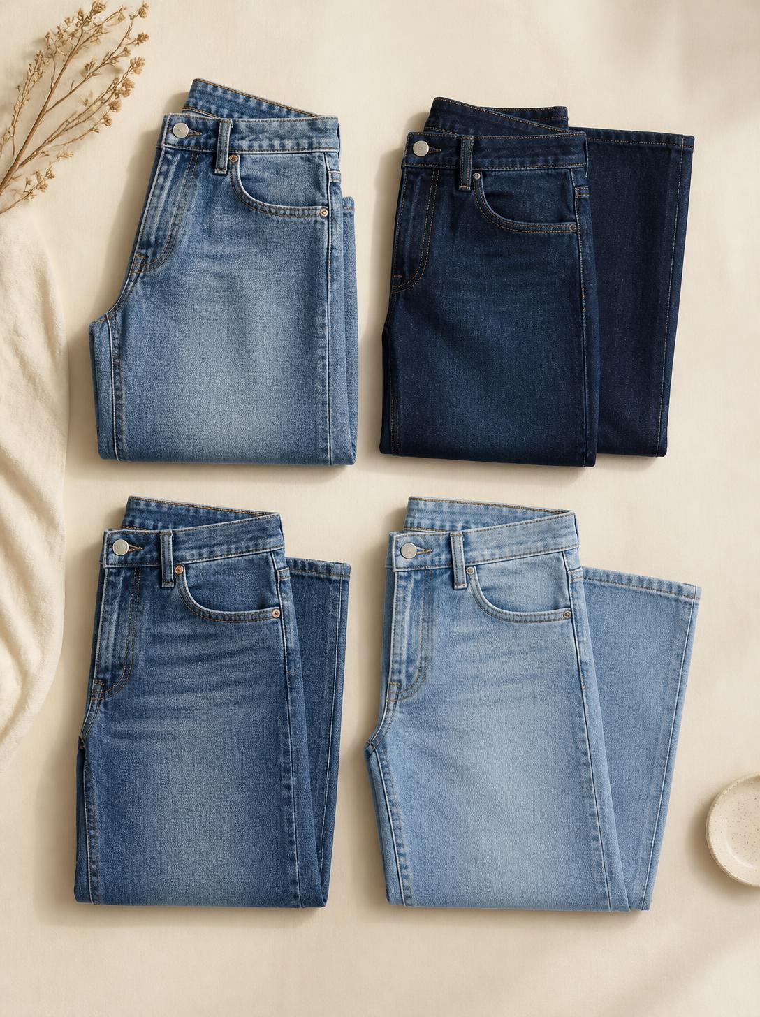 Overhead flatlay photo of four folded denim styles: barrel leg, wide leg, straight leg, and bootcut jeans