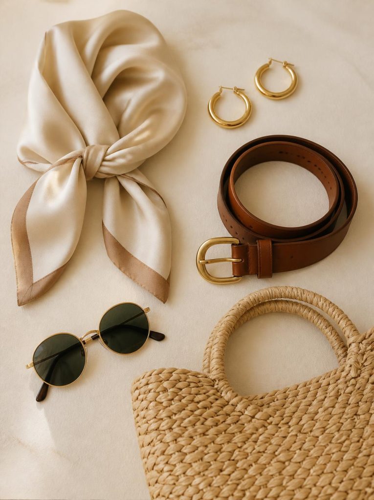 Overhead flatlay photo of five affordable accessories: silk scarf, statement earrings, structured belt, sunglasses, tote bag