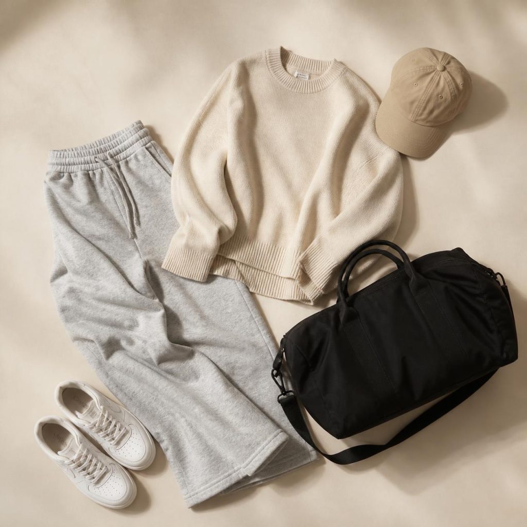 Overhead flatlay photo of the Airport Travel Day outfit: wide-leg joggers, oversized jumper, white sneakers, holdall bag, baseball cap