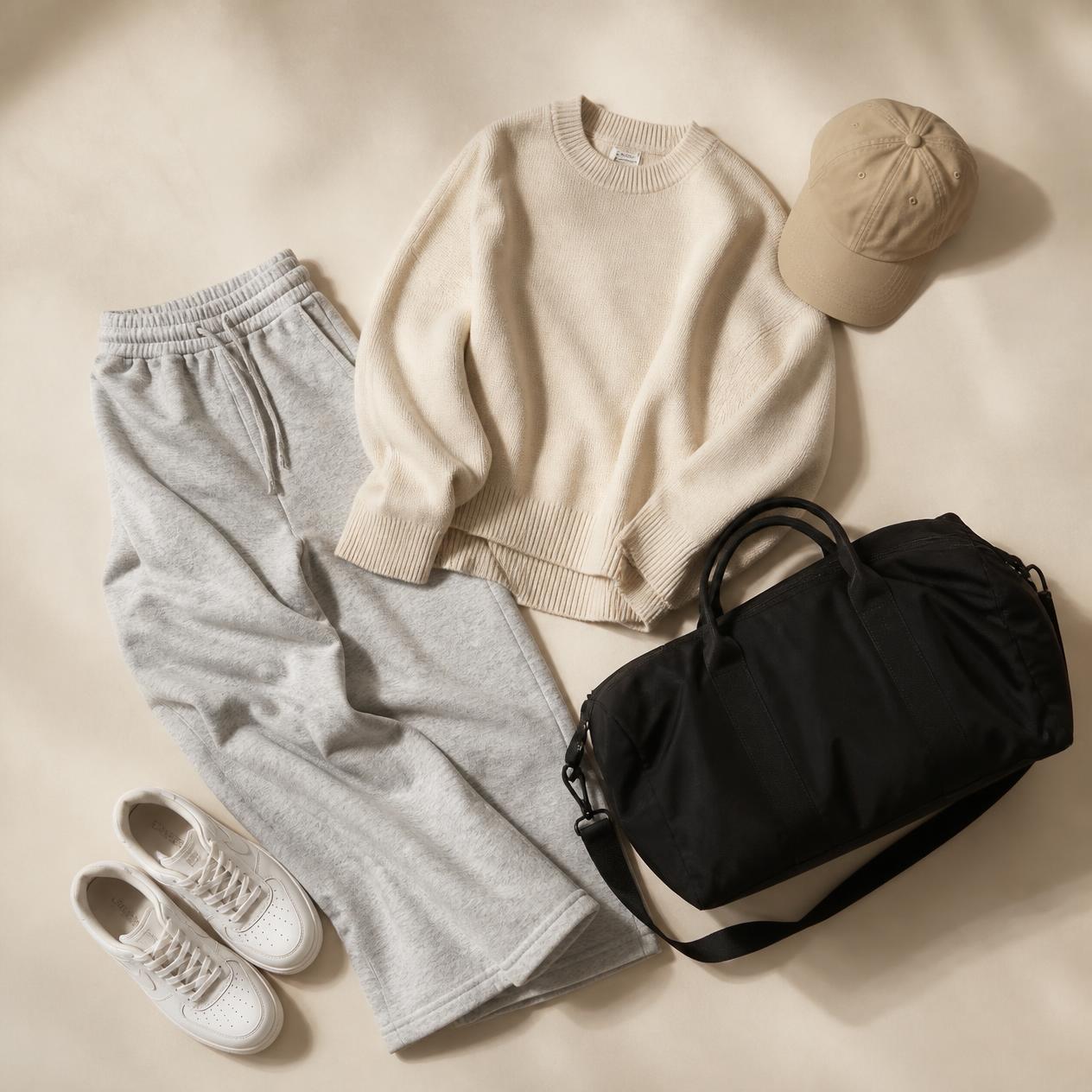 Overhead flatlay photo of the Airport Travel Day outfit: wide-leg joggers, oversized jumper, white sneakers, holdall bag, baseball cap