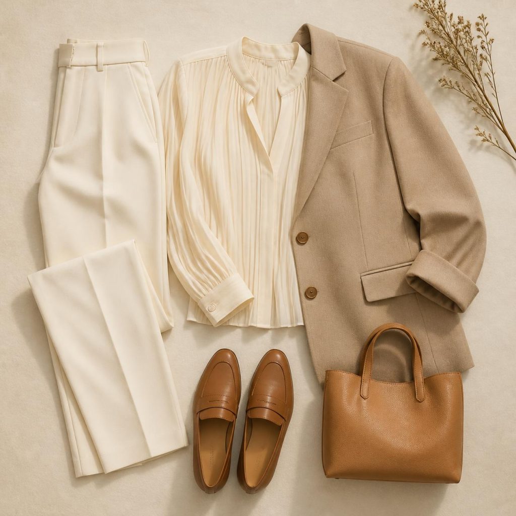 Overhead flatlay photo of the Smart-Casual Workday outfit: off-white trousers, cream blouse, beige blazer, tan loafers, tan tote bag