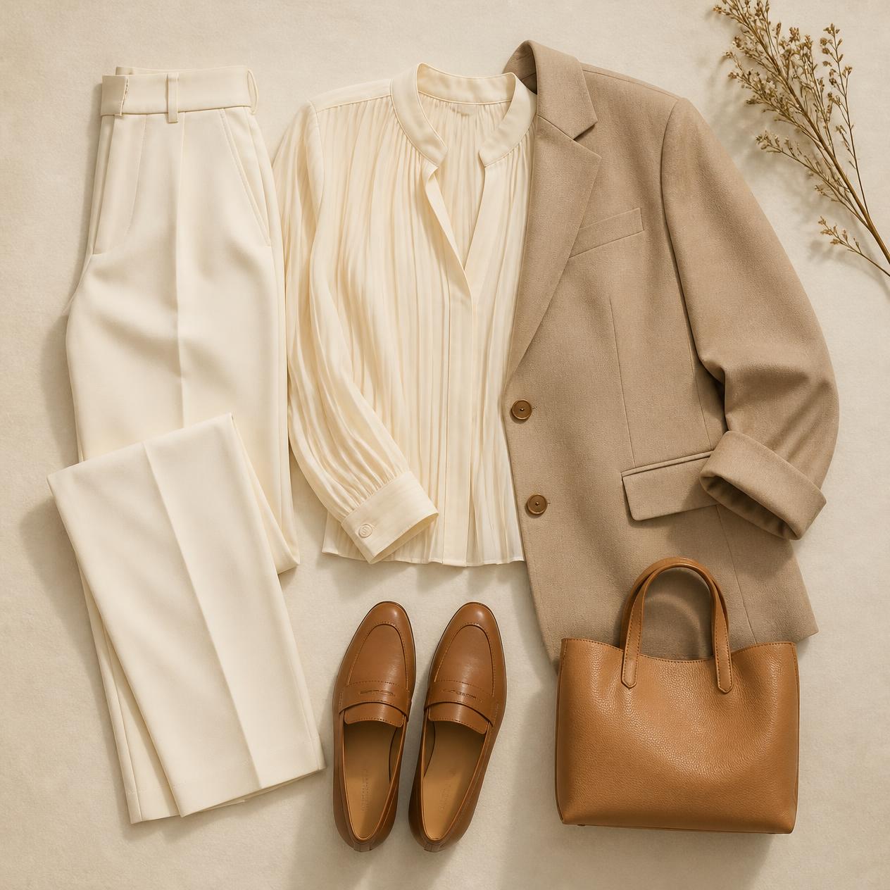 Overhead flatlay photo of the Smart-Casual Workday outfit: off-white trousers, cream blouse, beige blazer, tan loafers, tan tote bag