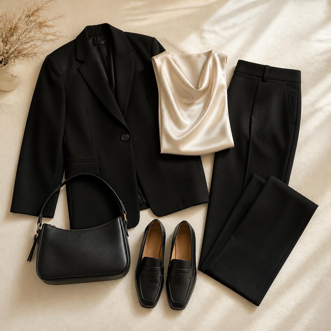 Overhead flatlay photo of the Job Interview and Client Meeting outfit: black blazer, satin blouse, tailored trousers, loafers