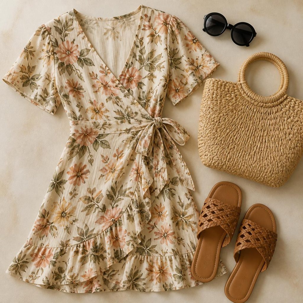 Overhead flatlay photo of the Brunch with Friends outfit: floral wrap dress, flat woven sandals, straw tote bag, round sunglasses