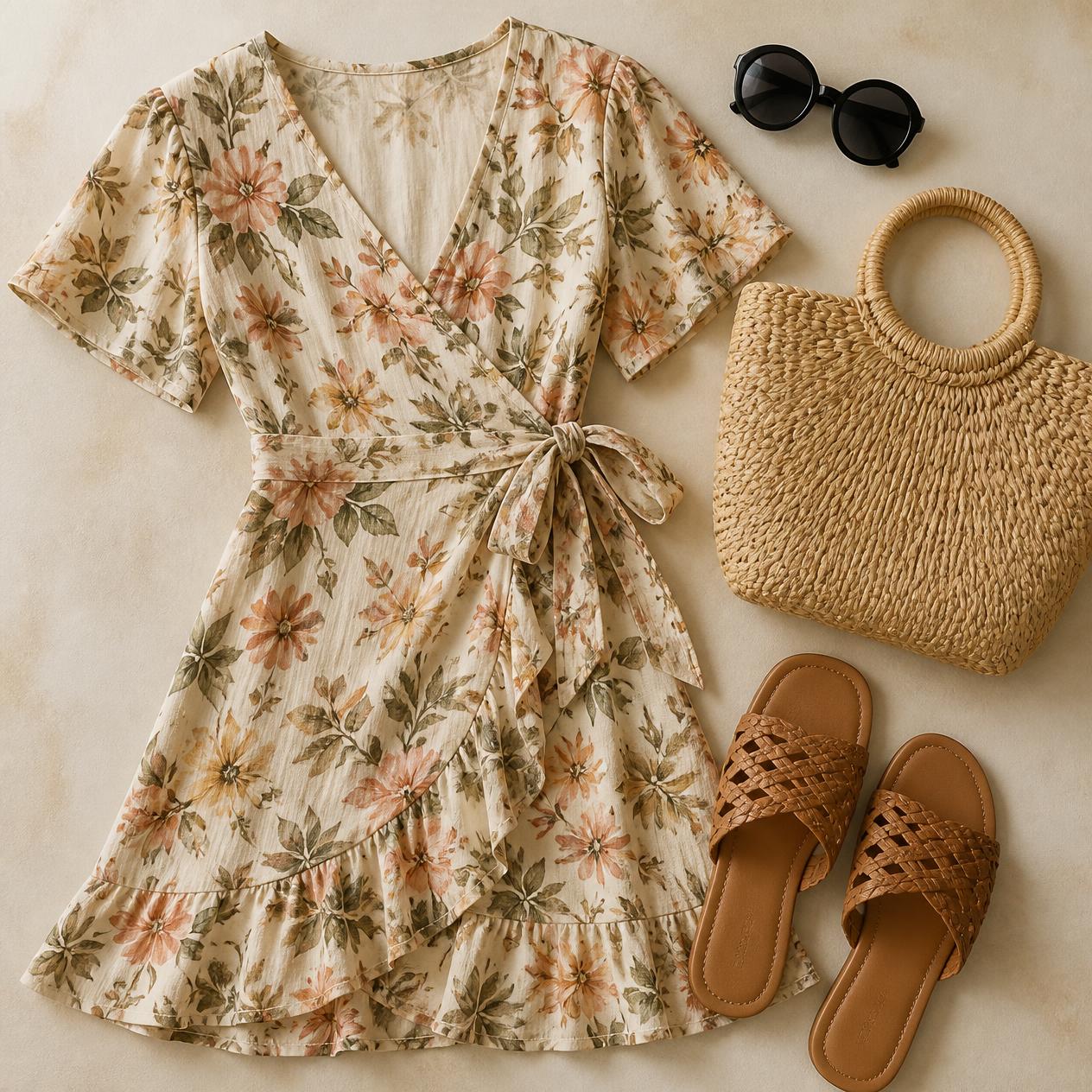 Overhead flatlay photo of the Brunch with Friends outfit: floral wrap dress, flat woven sandals, straw tote bag, round sunglasses