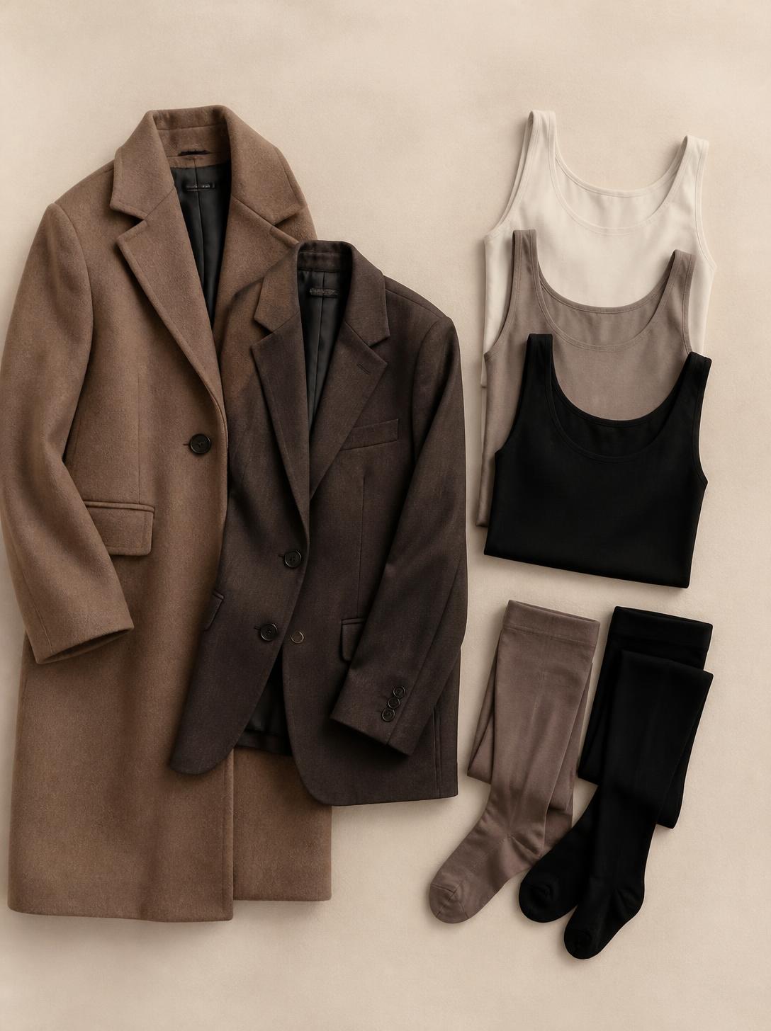 Overhead flatlay photo comparing a wool coat and blazer against plain tank tops and tights