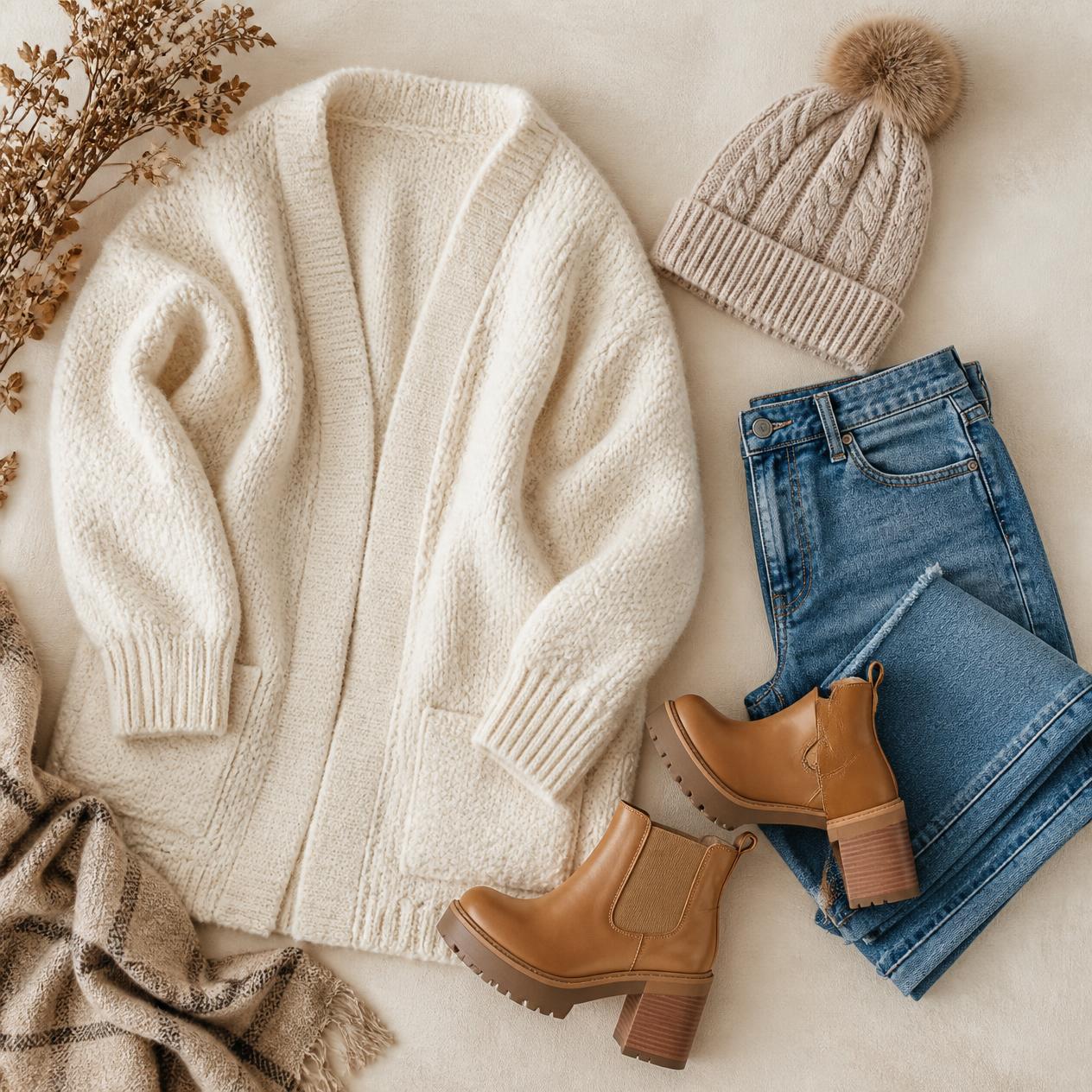 Overhead flatlay photo of the Cozy Fall Weekend outfit: oversized cardigan, jeans, platform ankle boots, cable knit beanie