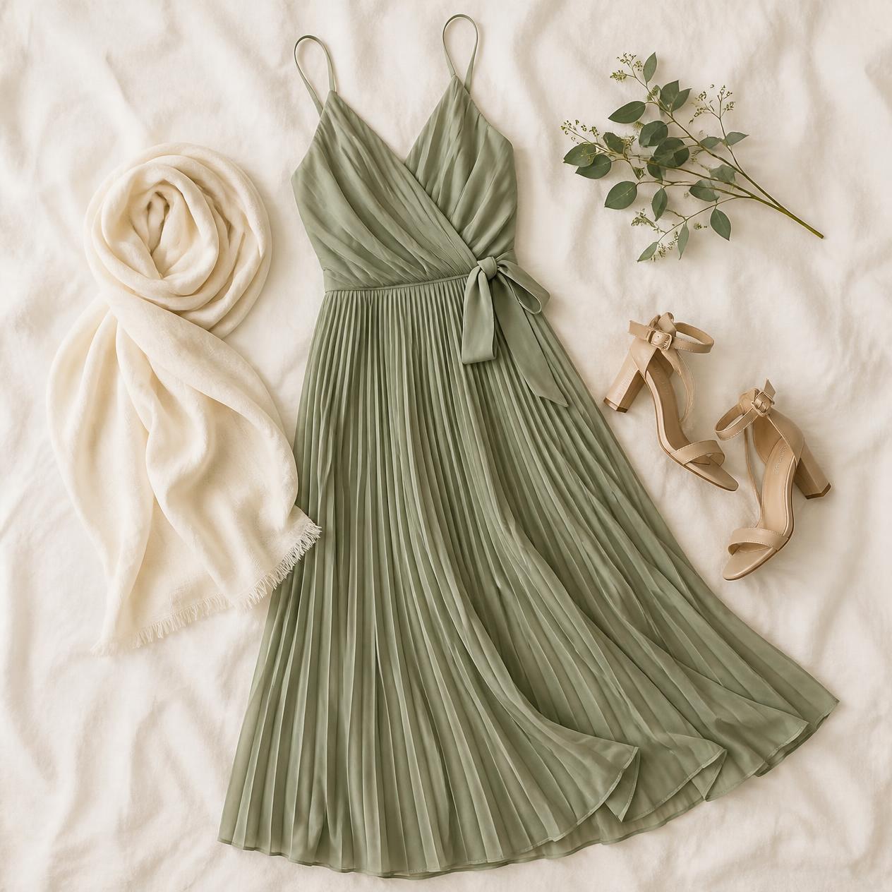 Overhead flatlay photo of a sage green plissé wedding guest dress with a light wrap and neutral heels