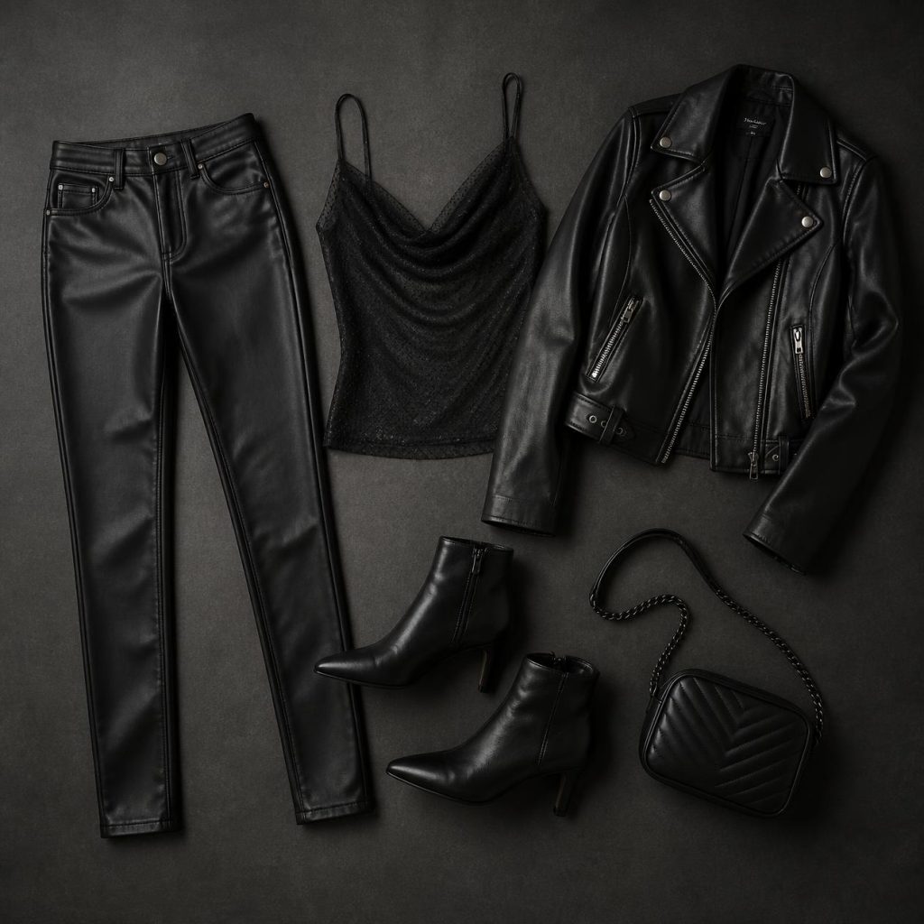 Overhead flatlay photo of the Concert Night Out outfit: faux leather pants, mesh cami, biker jacket, ankle boots