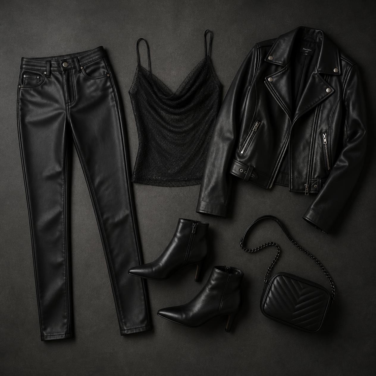 Overhead flatlay photo of the Concert Night Out outfit: faux leather pants, mesh cami, biker jacket, ankle boots