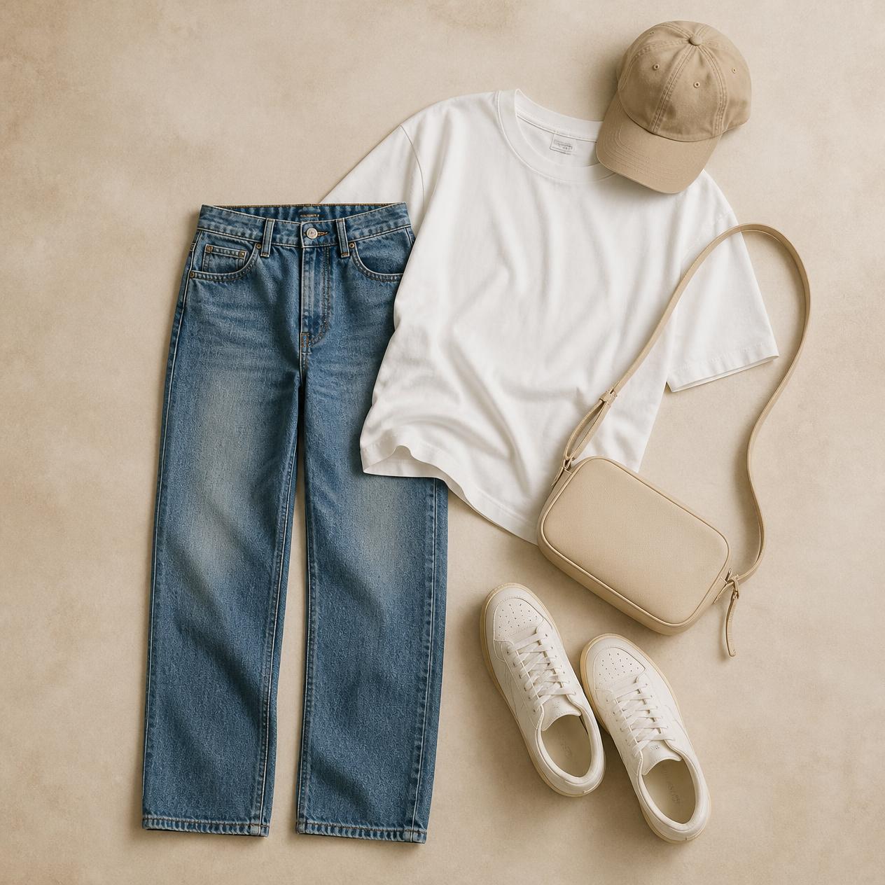 Overhead flatlay photo of the Weekend Errands outfit: mid-wash jeans, oversized white tee, white sneakers, crossbody bag, baseball cap
