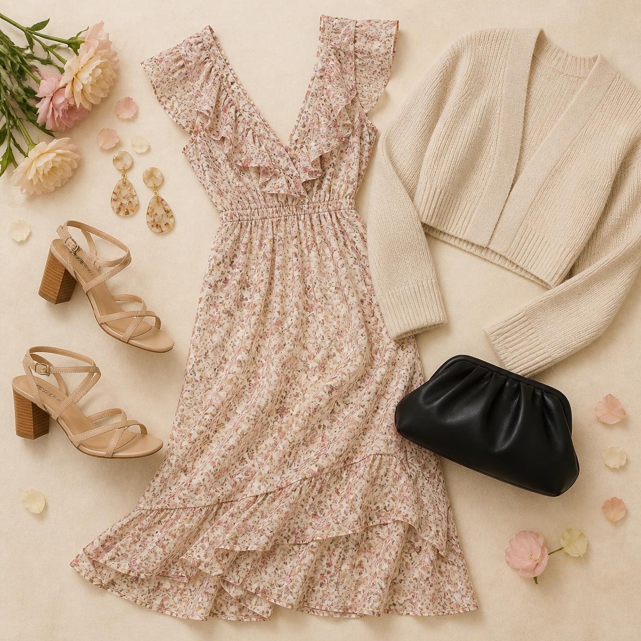 Overhead flatlay photo of the Garden Wedding Guest outfit: floral midi dress, strappy sandals, knit cardigan, clutch bag