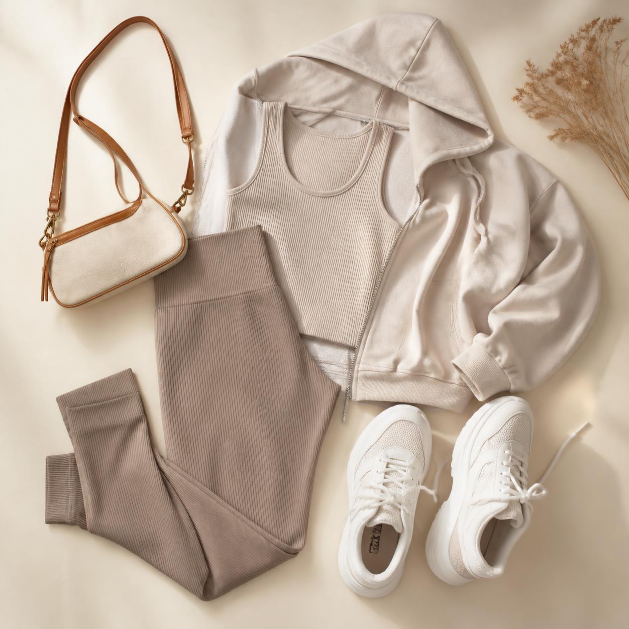 Overhead flatlay photo of the Gym-to-Coffee Athleisure outfit: ribbed leggings, knit tank top, zip hoodie, sneakers, crossbody bag