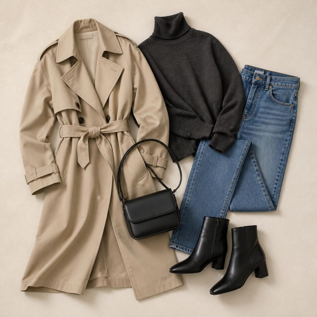 Overhead flatlay photo of the Fall Transitional Layering outfit: belted trench coat, turtleneck sweater, jeans, heeled ankle boots, mini bag