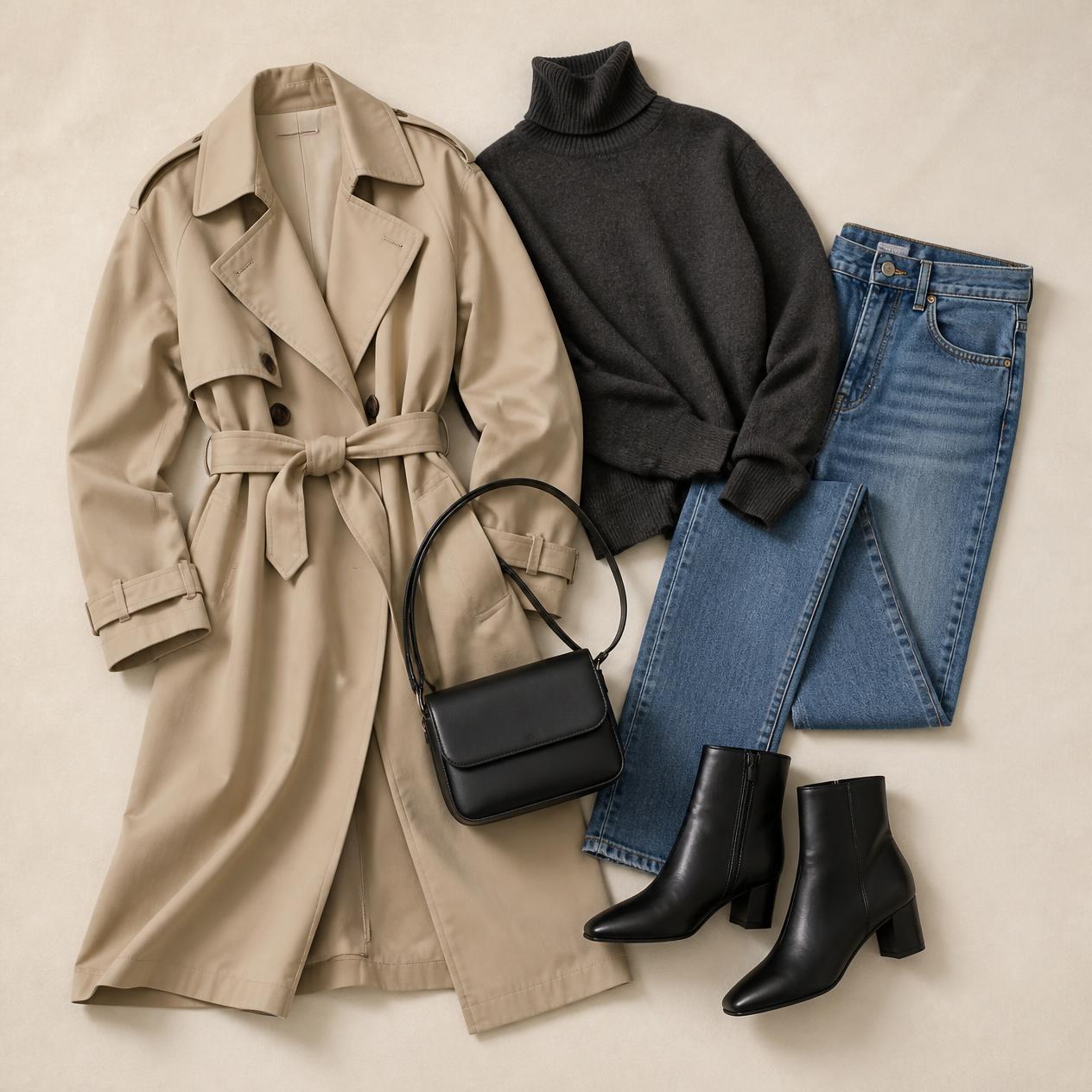 Overhead flatlay photo of the Fall Transitional Layering outfit: belted trench coat, turtleneck sweater, jeans, heeled ankle boots, mini bag