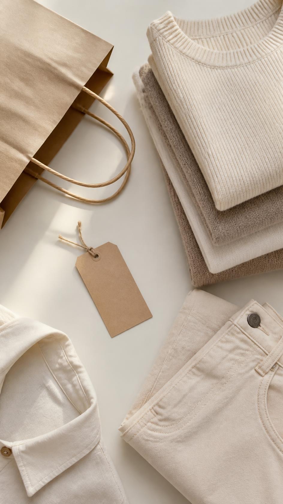 Overhead flatlay photo of a shopping bag, price tag, and folded neutral-toned clothing on a cream surface