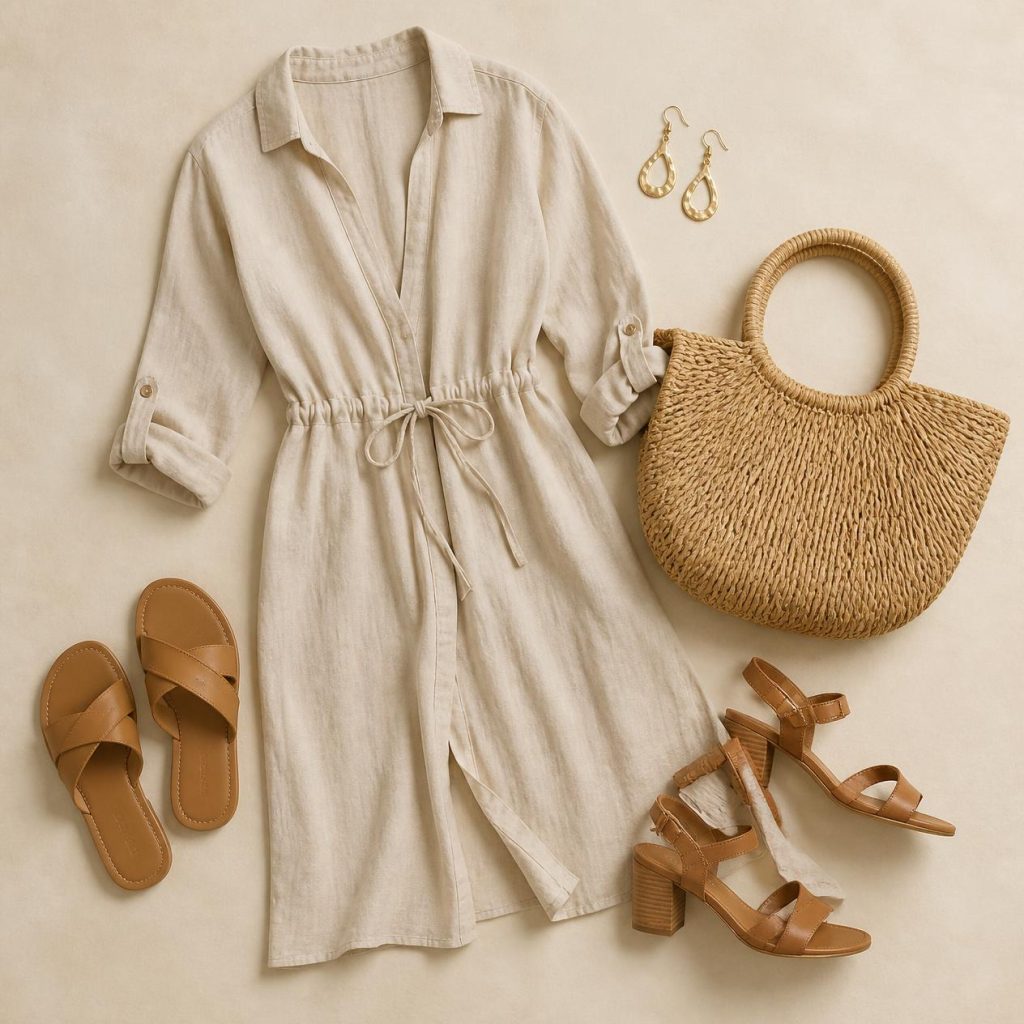 Overhead flatlay photo of the Beach-to-Dinner outfit: linen cover-up dress, flat and heeled sandals, straw tote bag, gold earrings