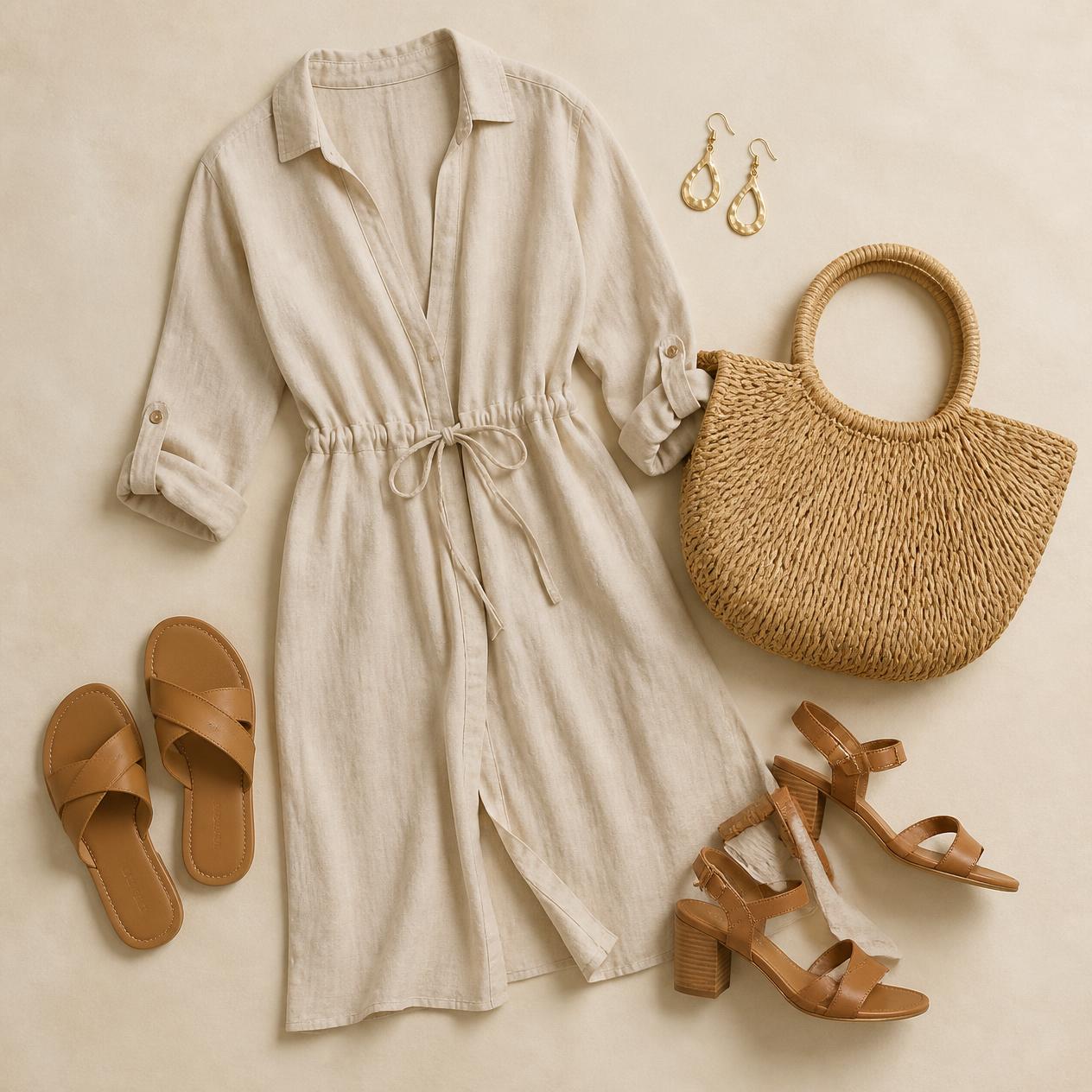 Overhead flatlay photo of the Beach-to-Dinner outfit: linen cover-up dress, flat and heeled sandals, straw tote bag, gold earrings