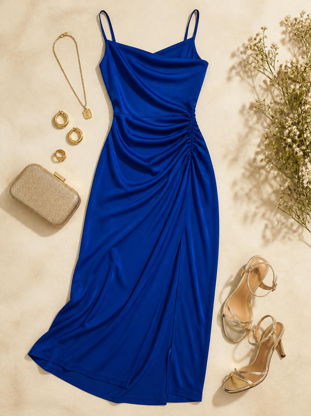 Overhead flatlay photo of a cobalt blue midi wedding guest dress with gold jewelry and heeled sandals