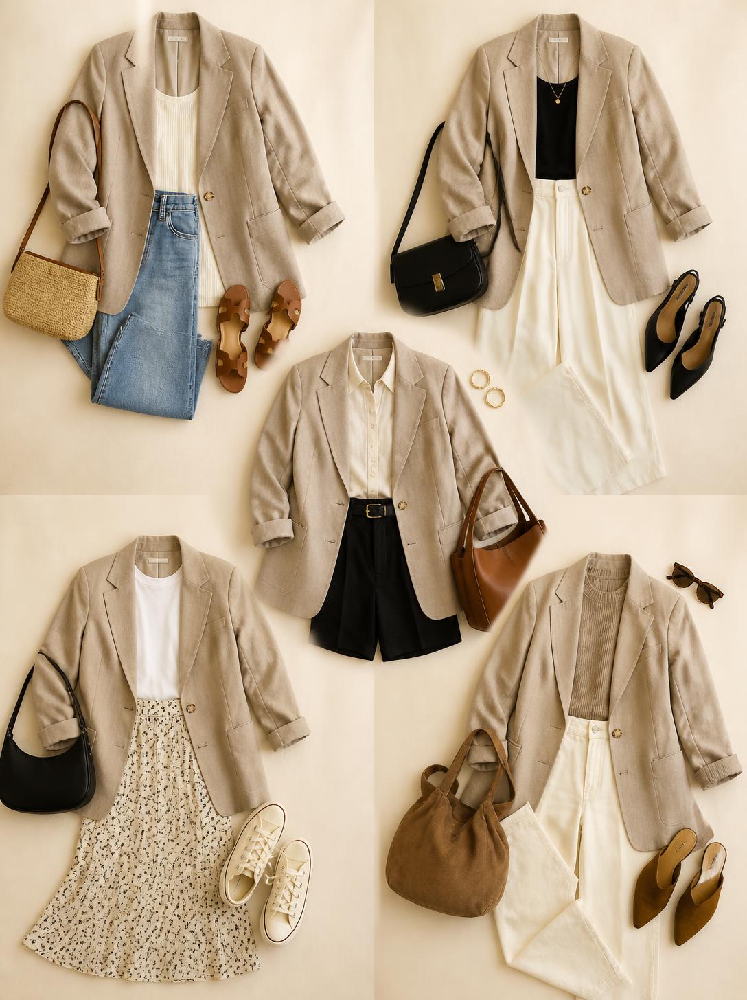 Overhead flatlay photo collage of one neutral blazer styled five different ways