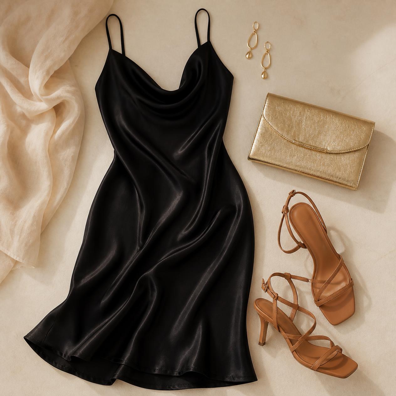 Overhead flatlay photo of the Date Night outfit: black satin slip dress, strappy heeled sandals, gold clutch bag, gold earrings