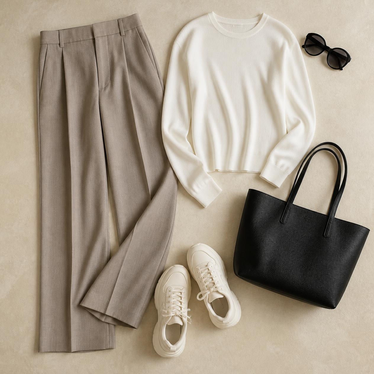 Overhead flatlay photo of the Museum and City Sightseeing outfit: wide-leg trousers, knit top, chunky sneakers, tote bag, sunglasses