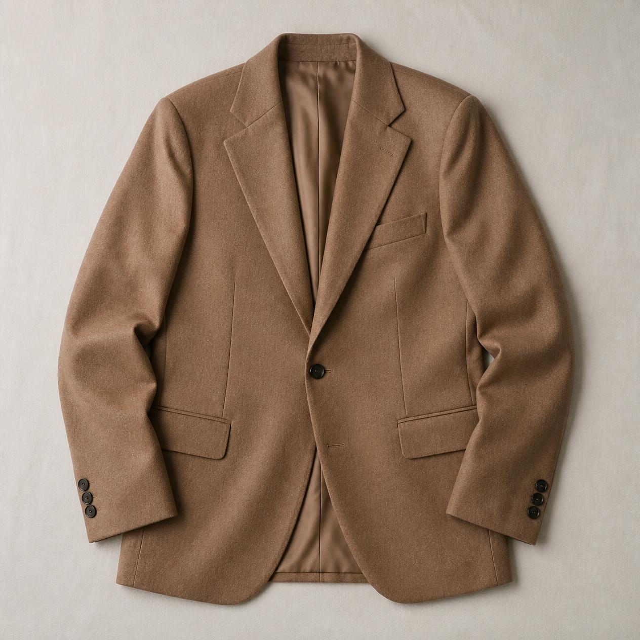 Overhead flatlay photo of a single well-tailored neutral blazer