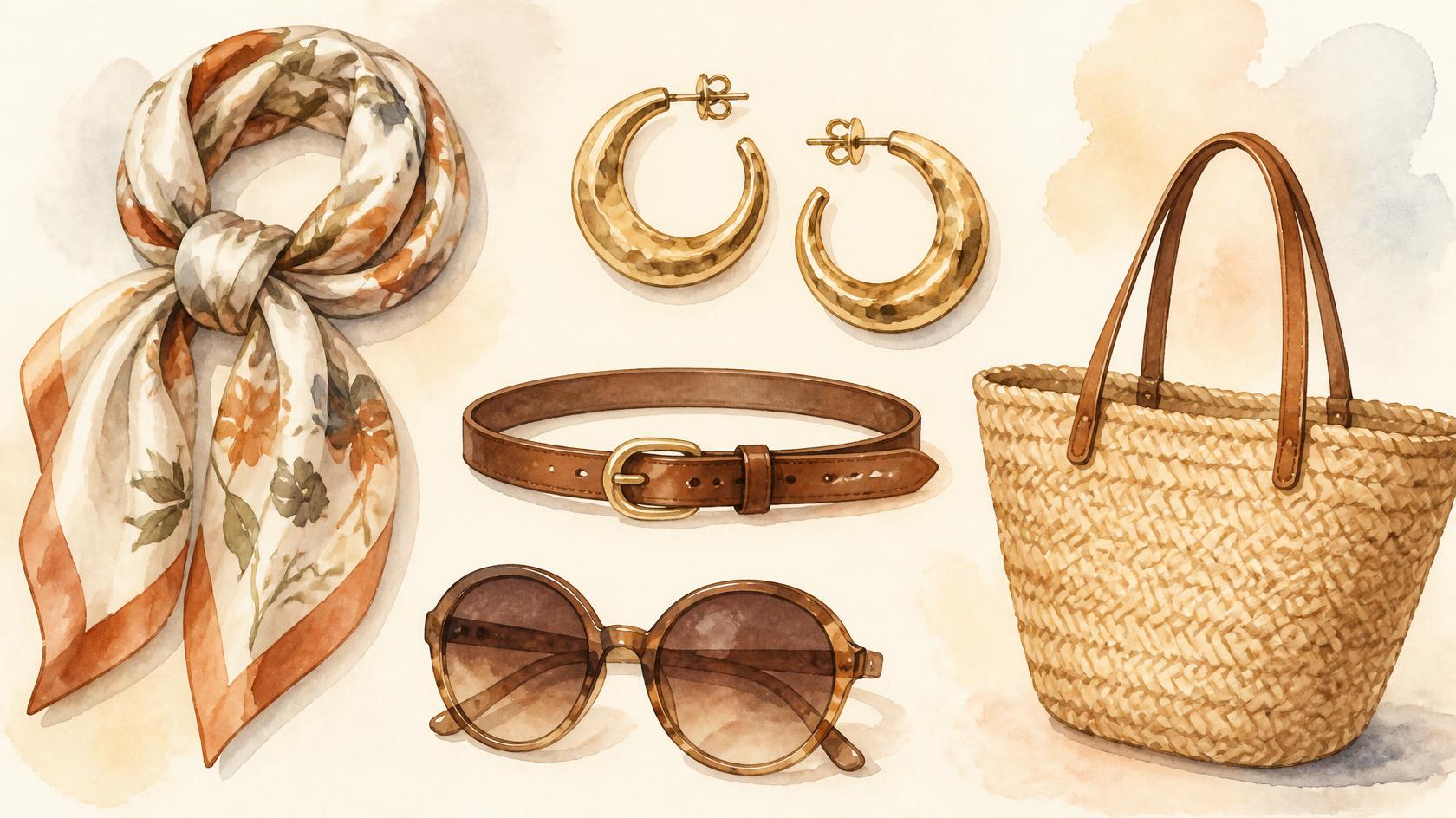Watercolor illustration collage of five accessories: silk scarf, gold hoop earrings, leather belt, sunglasses, woven tote bag