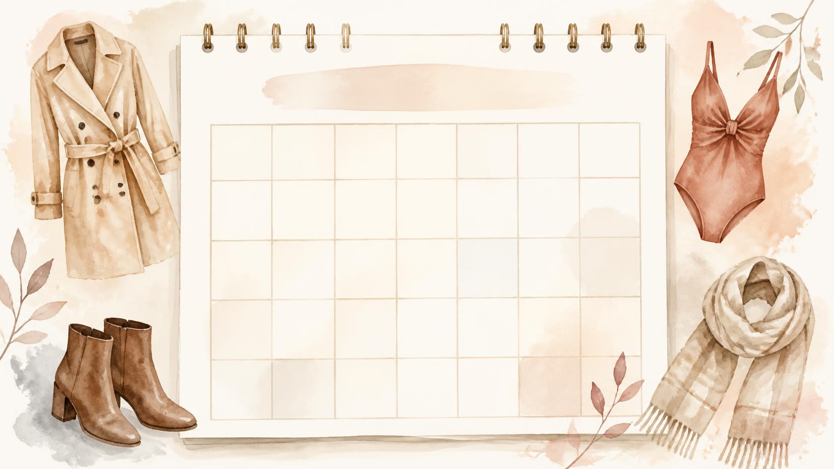 Watercolor illustration of a seasonal shopping calendar with fashion items sketched around the border