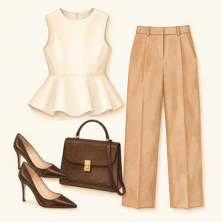 Watercolor flat-lay of the Peplum Power outfit for the rectangle body shape