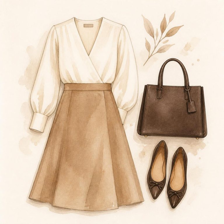 Watercolor flat-lay of the A-Line Workday outfit for the apple body shape