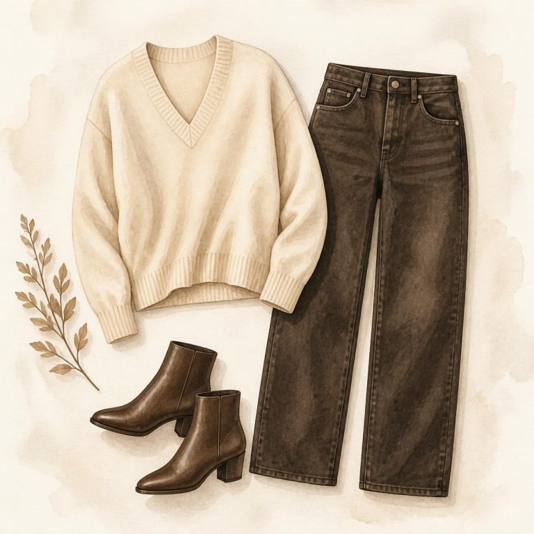 Watercolor flat-lay of the Soft Shoulders outfit for the inverted triangle body shape