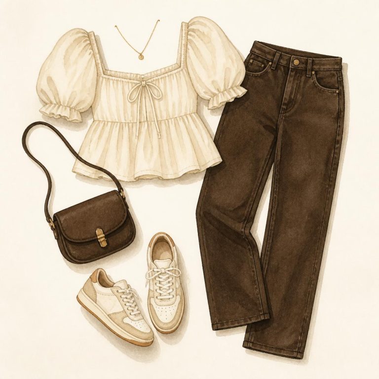 Watercolor flat-lay of a puff-sleeve top and jeans outfit for the pear body shape, the Statement Sleeve look