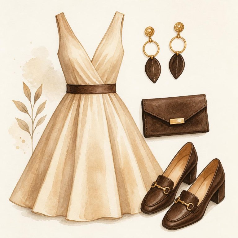 Watercolor flat-lay of a fit-and-flare evening dress outfit for the hourglass body shape