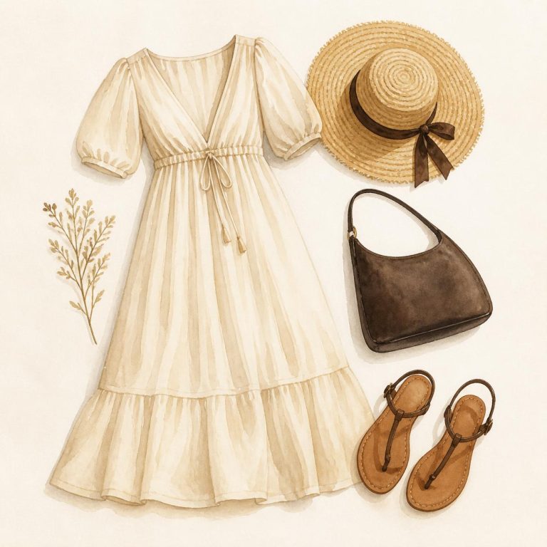 Watercolor flat-lay of the Empire Ease outfit for the apple body shape