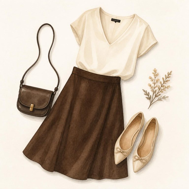 Watercolor flat-lay of the Bottom-Up Balance outfit for the inverted triangle body shape