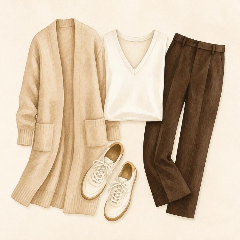 Watercolor flat-lay of the Vertical Line outfit for the apple body shape