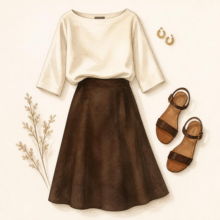 Watercolor flat-lay of a boat neck top and A-line skirt outfit for the pear body shape, the Boat Neck Basics look